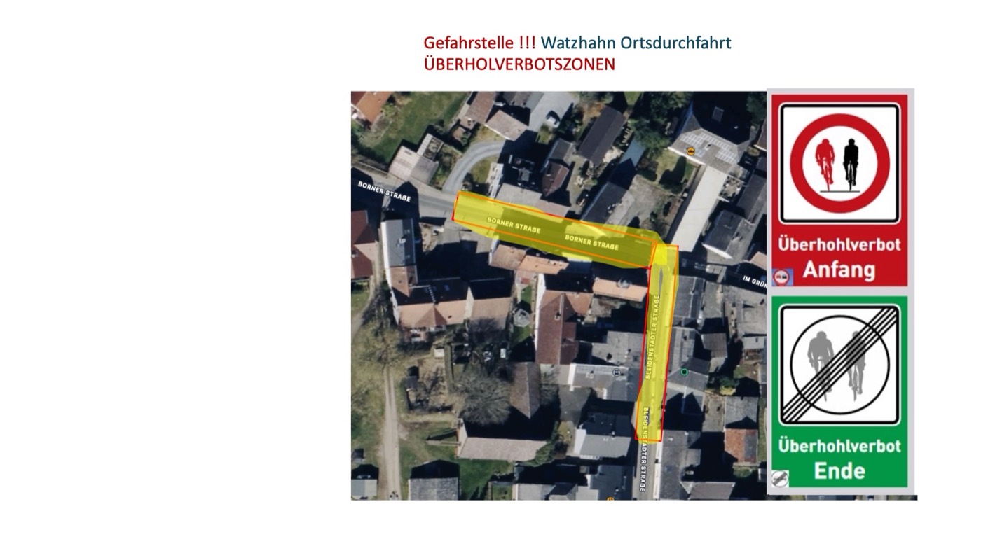 Übersicht aller Überholverbotszonen in der Ortsdurchfahrt Watzhahn